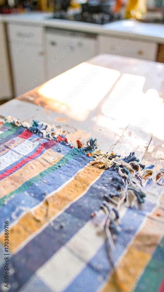 Naklejka premium Colorful striped fabric on a kitchen counter