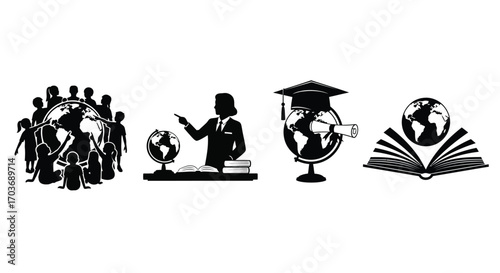 Global education concepts diverse icons representing learning world knowledge and community learning vector