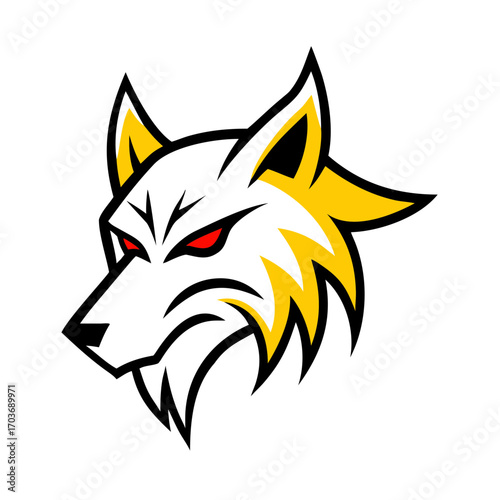 Stylized wolf head with glowing red eyes and yellow mane on black background