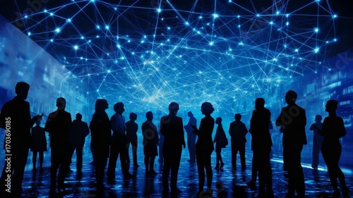 A blue network of lines links people standing across a big digital space.