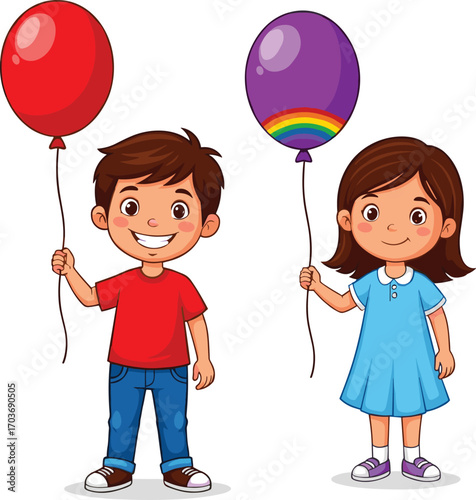 Smiling boy and girl holding colorful balloons, happy children playing, joyful childhood moments, friendship, celebration, casual clothing, outdoor fun, cartoon characters