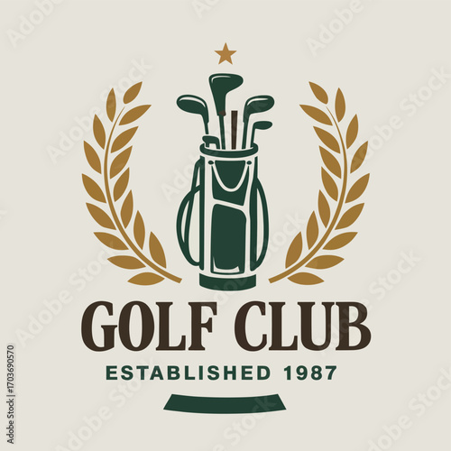 Classic golf sport insignia with clubs in a bag surrounded by a laurel wreath. Vintage emblem vector graphic for a country club