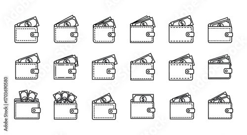 Collection of diverse wallet icons showing cash money and coin illustrations vector