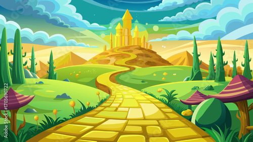 Springtime yellow brick road leading to magical emerald city, fantasy, oz, magicians, white background with captions.