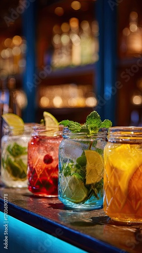 Five vibrant cocktails in mason jars sit on a bar, illuminated by blue light.  A blurred bar backdrop showcases liquor bottles