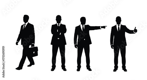 Silhouette businessmen poses walking standing pointing gesturing professional corporate men isolated vector