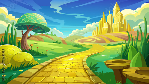 Springtime yellow brick road leading to magical emerald city, fantasy, oz, magicians, white background with captions.