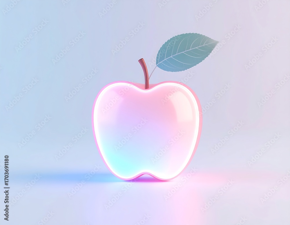 Obraz premium Illuminated 3d apple with pastel neon glow and single leaf on a soft gradient background
