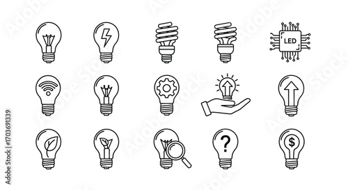 Collection of doodle style light bulb icons representing ideas innovation and creativity vector