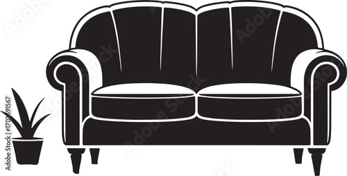 Elegant Sofa Silhouette with Plant A Vector Illustration of Furniture and Interior Design