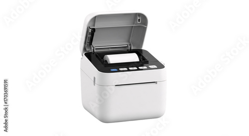 Small label printer with open lid isolated on transparent background