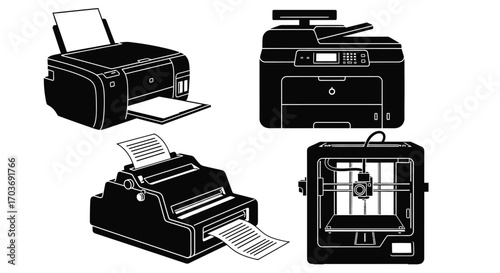 Retro and modern printing devices collection four vintage and contemporary office machines vector
