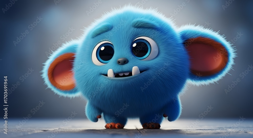 Obraz premium A cute, fluffy blue monster with big eyes and a friendly smile, standing on a textured surface with a soft, blurred background