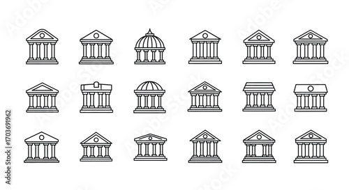 Set of classic architectural building facades with columns and pediments hand drawn style vector