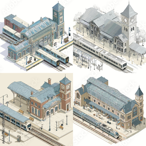 Detailed vintage railway station illustrations with trains, platforms, and clock towers, reflecting historical architecture and classic transportation hubs.