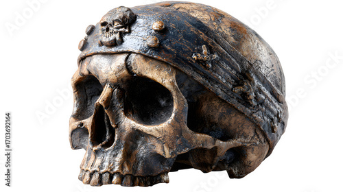 3D pirate skull with hollow eyes and weathered bone texture, isolated on white background