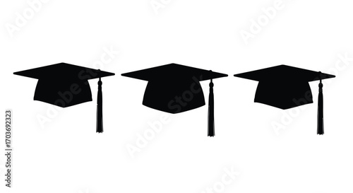 Three graduation caps silhouette isolated simple academic achievement education concept vector