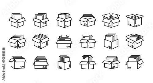 Collection of hand-drawn cardboard boxes in various open and closed states for shipping and storage vector