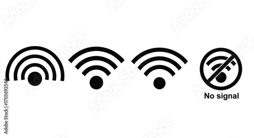 Wireless network signal strength icons representing connectivity levels and no signal status vector