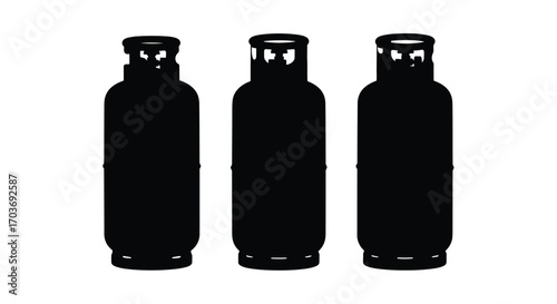 Three black propane gas cylinders lined up isolated studio shot energy fuel storage containers vector