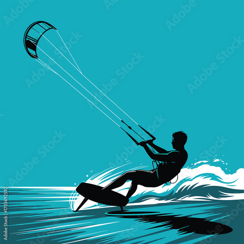 Kitesurfing Silhouette on Turquoise Water A Dynamic Vector Illustration of Extreme Water Sport