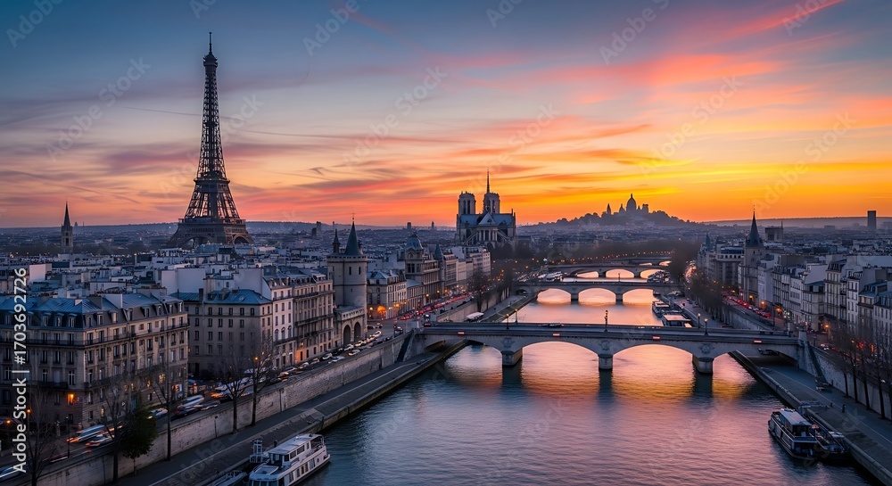 Obraz premium Paris Cityscape at Sunset Eiffel Tower Seine River.
