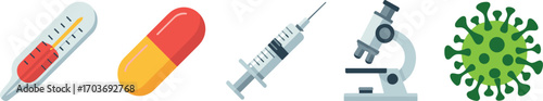 Medical icons including thermometer capsule syringe microscope and virus