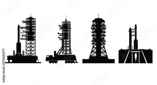 Silhouette collection of rocket launch platforms and transportation vehicles vector