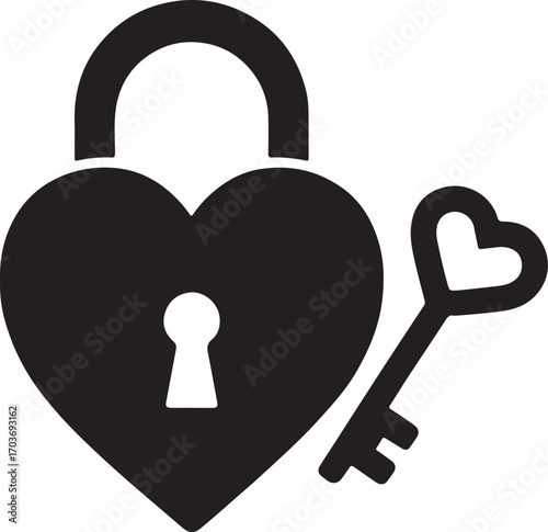 Heart-shaped lock and key silhouette vector, romantic love concept design illustration.