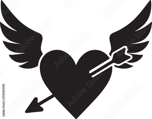 Heart with wings and arrow silhouette vector, love, romance, and cupid concept illustration.