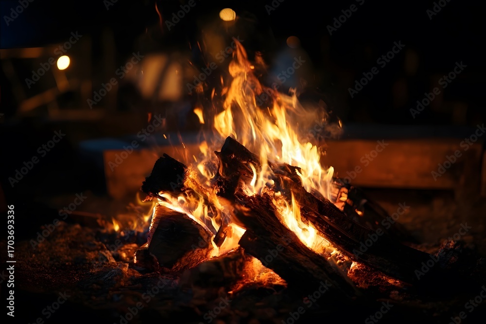 Naklejka premium A roaring campfire in the dark night.