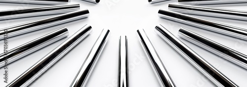Highly polished cylindrical metal rods arranged in a radial pattern against a bright white background, creating a visually striking image of symmetry and industrial design