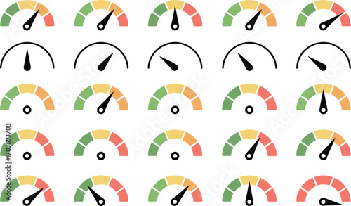 Various speedometers and gauges with color indicators on white background Keywords: speedometer, gauge, meter, dial, indicator
