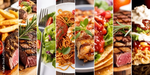 Delicious gourmet meals featuring steak, pasta, chicken, and vibrant salads, perfect for culinary inspiration