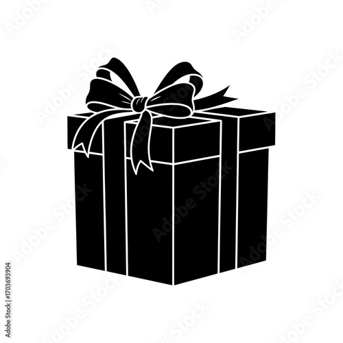 Black gift box with ribbon and bow silhouette isolated on white background
