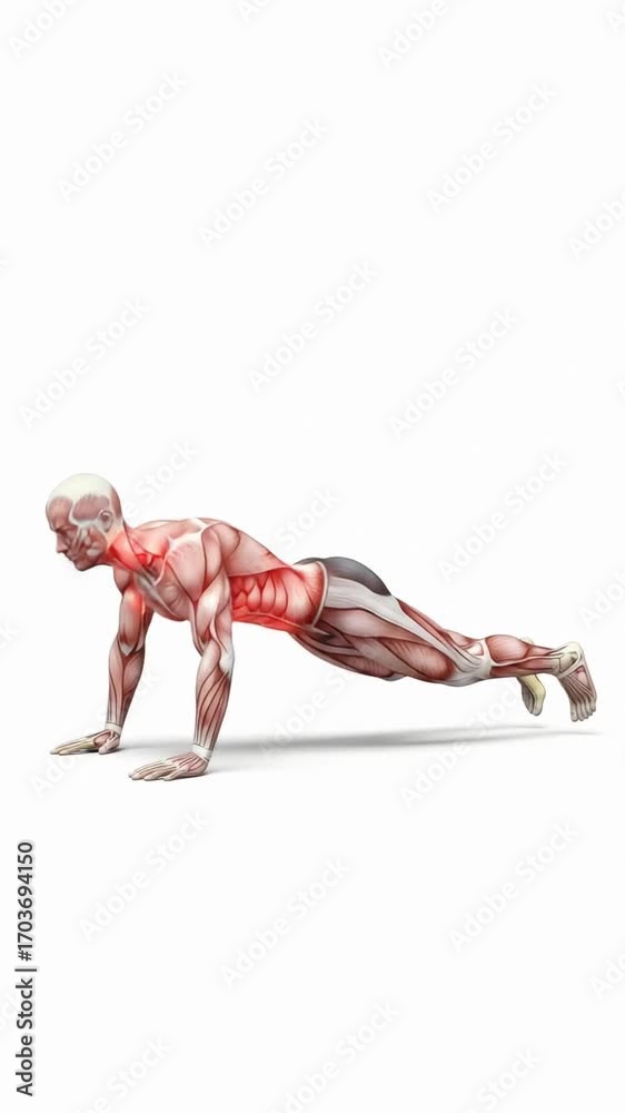 Animated muscular system performing push ups exercise demonstrates ...