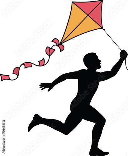 Silhouette of a Man Running with a Kite on a String Against a Transparent Background