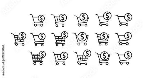 Collection of hand-drawn shopping cart icons with dollar signs representing online shopping and commerce vector