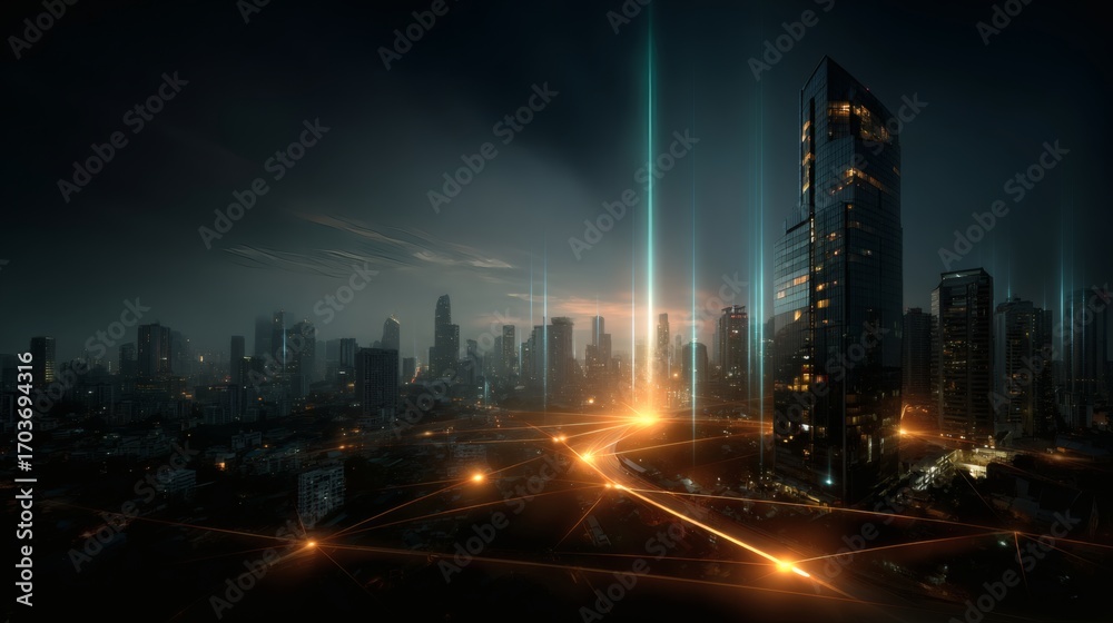 Obraz premium Futuristic smart city skyline with artificial intelligence network overlay and neon lights 