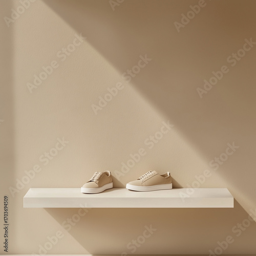Minimalist beige scene: a pair of cream sneakers displayed on a floating shelf, lit by soft diagonal sunlight casting gentle shadows on a textured wall.