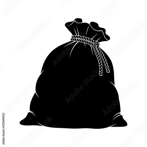 Black silhouette of a tied drawstring bag isolated on white background