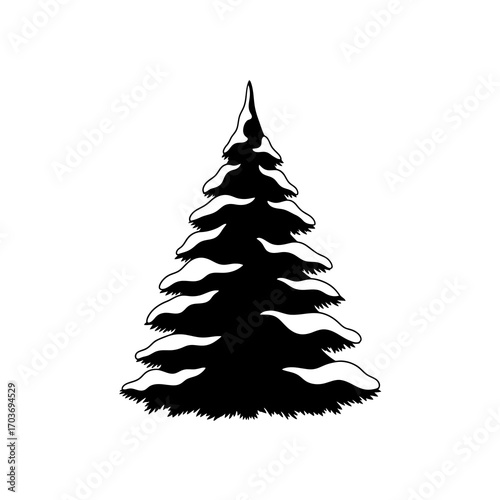 Snow covered pine tree silhouette isolated on white background