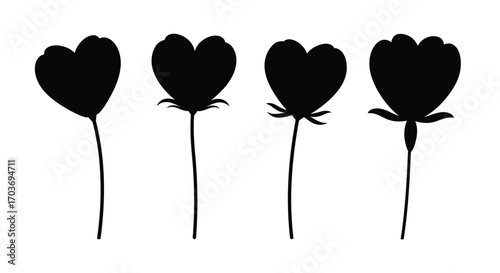 Four heart shaped flowers silhouettes with detailed stems textured natural forms vector