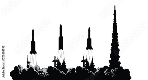 Multiple rocket launches ignite the sky in powerful space exploration ascent with smoke plumes vector