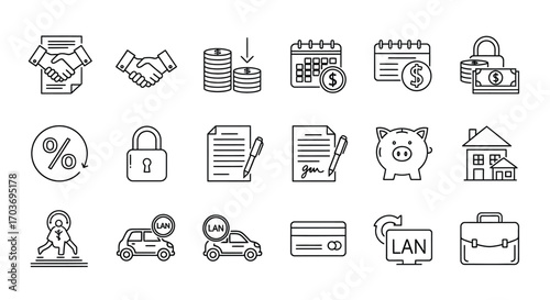 Financial and business icons set for credit loans and investments business growth opportunities vector