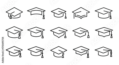 Collection of hand drawn graduation caps celebrating academic achievement and success vector