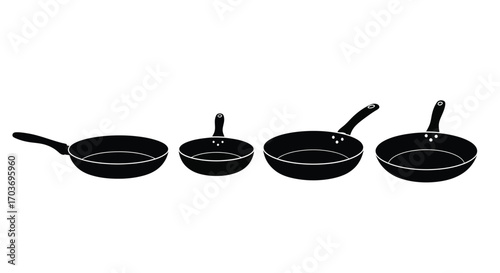 Set of four black non-stick frying pans with handles different sizes kitchen cookware appliances vector