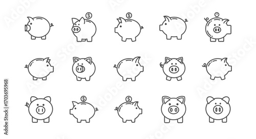 Collection of piggy bank icons and illustrations showing savings and financial concepts vector