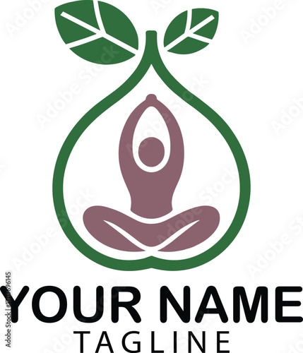 Green Fig Yoga Logo Design Purple Person Meditation Wellness Brand Identity Template