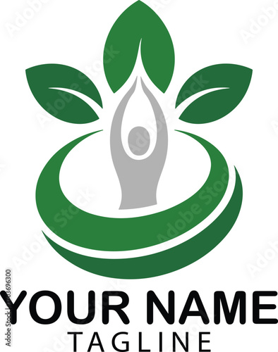 Green Leaf Logo Design Featuring Gray Human Figure in Yoga Pose Surrounded by Abstract Green